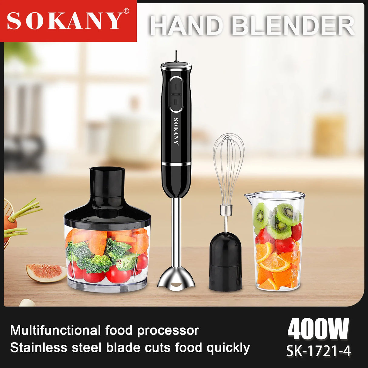 Processador de alimentos multifuncional SOKANY SK-1721-4 com potência de 400 W e lâmina de aço inoxidável 4 em 1