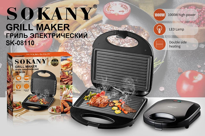 Sokany SK-08110 800W Grill Maker com revestimento antiaderente e corpo plástico resistente ao calor