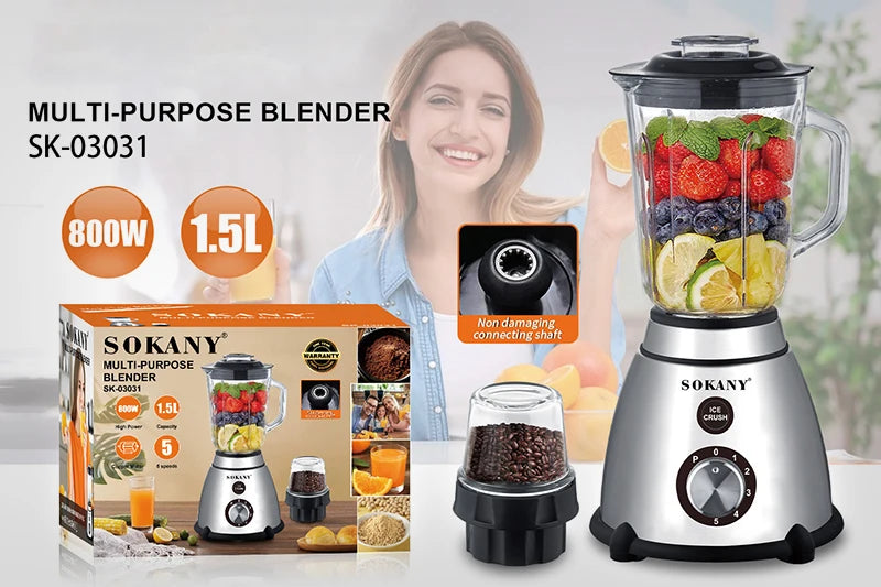 Liquidificador multiuso SOKANY SK-03031 800W com 5 velocidades <000000> Copo de vidro de 1,5L