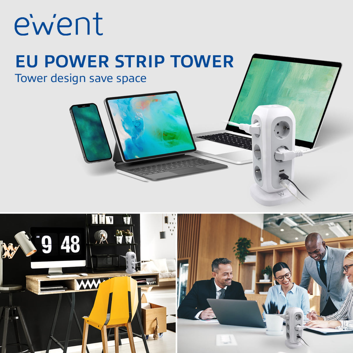 Tomada múltipla torre de 11 entradas Schuko + 3 x USB