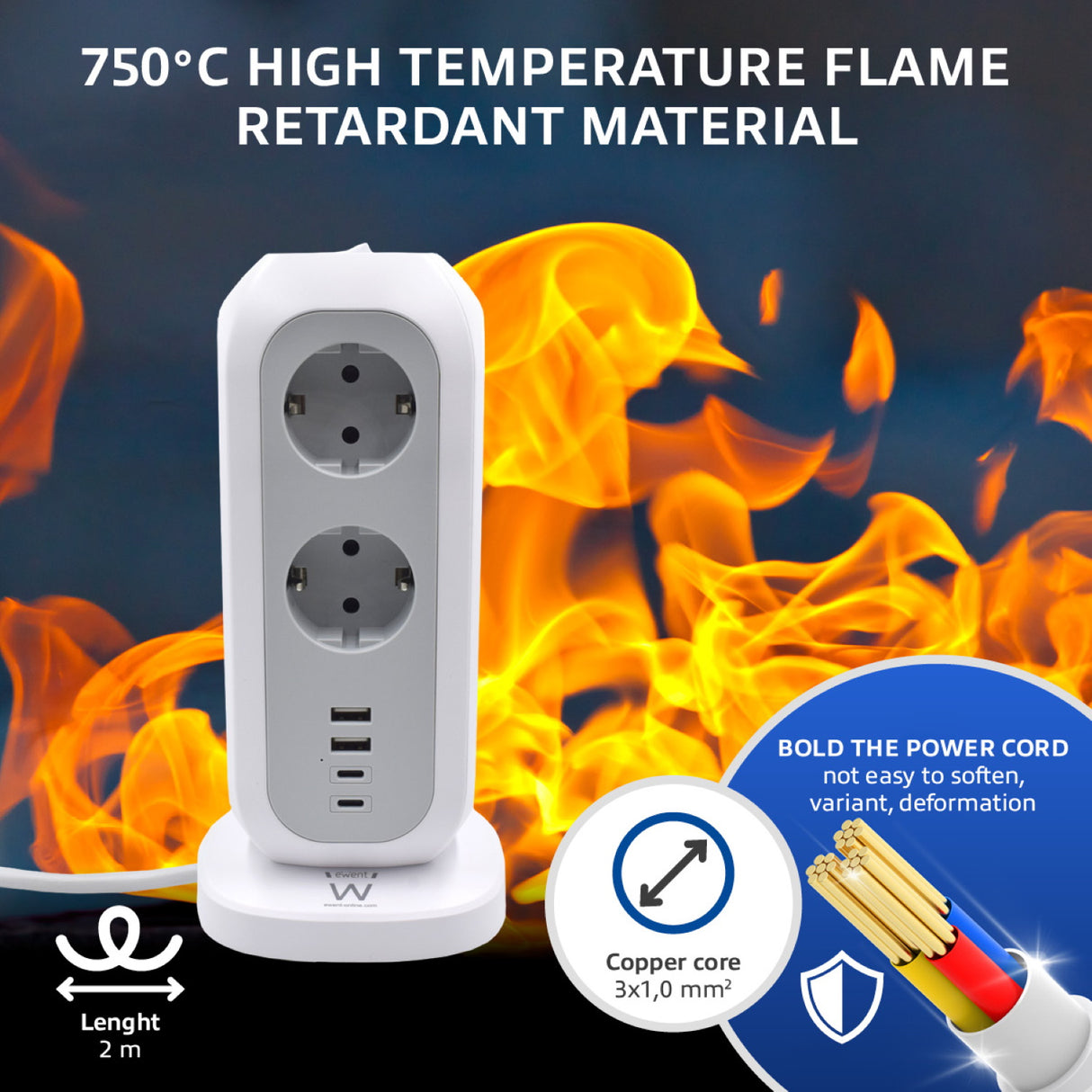 Tomada múltipla torre de 11 entradas Schuko + 3 x USB