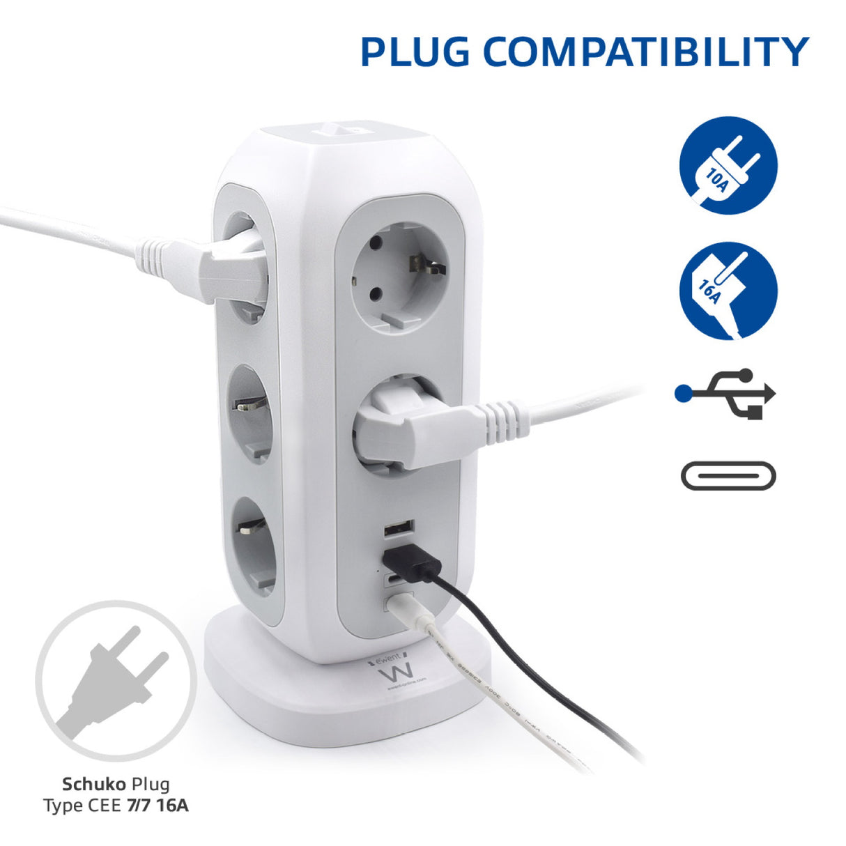 Tomada múltipla torre de 11 entradas Schuko + 3 x USB