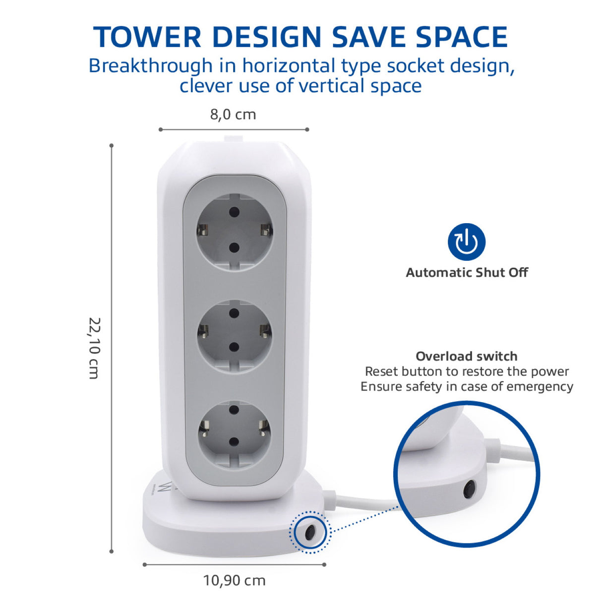 Tomada múltipla torre de 11 entradas Schuko + 3 x USB