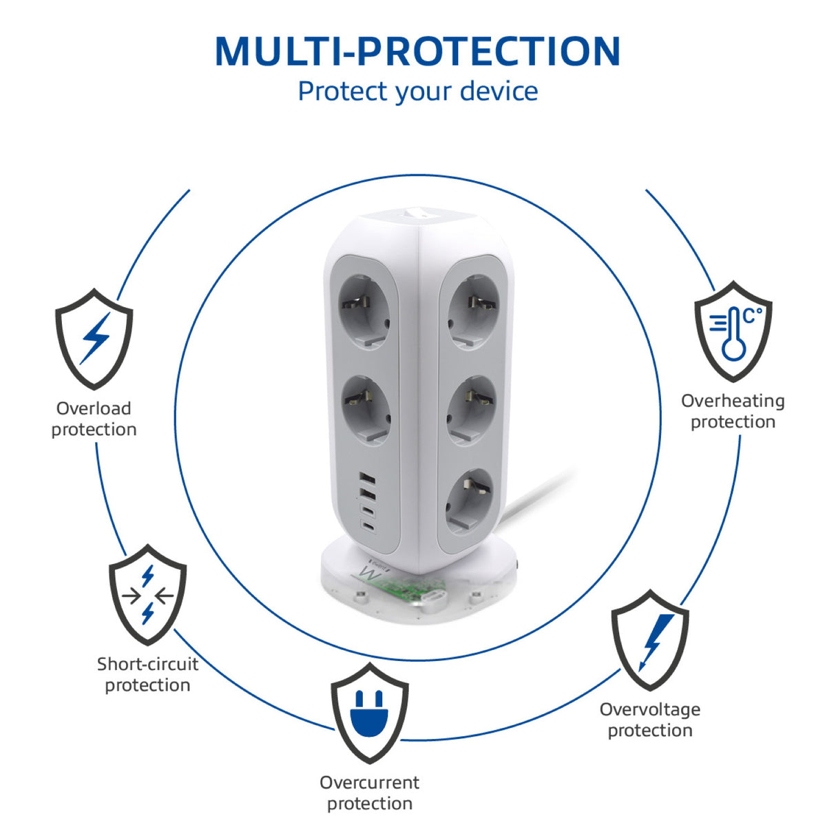 Tomada múltipla torre de 11 entradas Schuko + 3 x USB