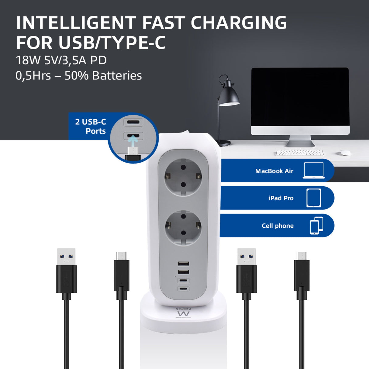 Tomada múltipla torre de 11 entradas Schuko + 3 x USB