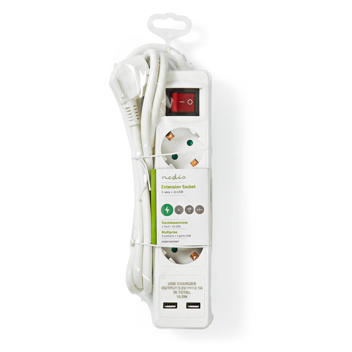 Extensão de 3 tomadas com interruptor 1,50 m de | 3680 W |Bo EXSO315UFSWT