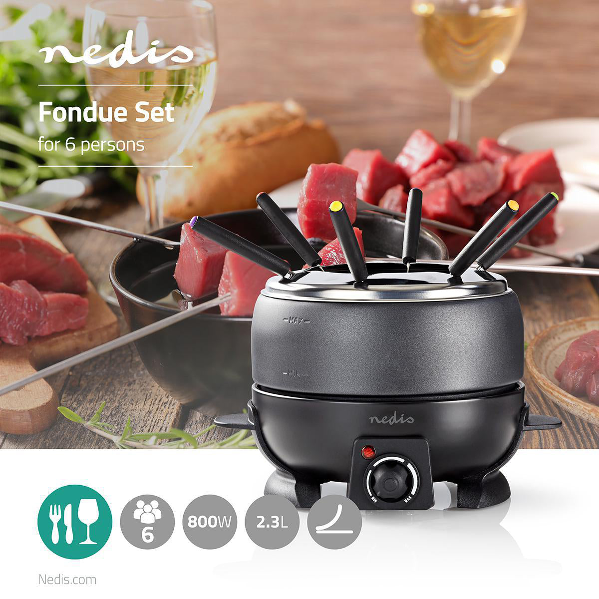 Aparelho de fondue - Fondue Nedis 6 pessoas FCFO110EBK6| 2,3 L | Controle de temperatura