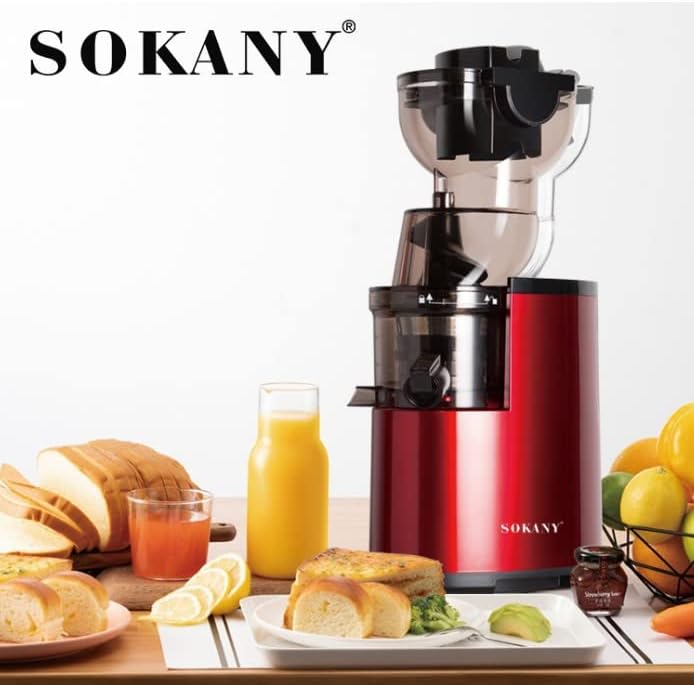 SOKANY JE-25 300W Espremedor de Mastigação Lenta, Calha Grande de 80mm, Jarro de Suco, Recipiente de Polpa, Livre de BPA, Fácil de Limpar, Espremedor Lento Inteiro para Frutas e Legumes, Vermelho