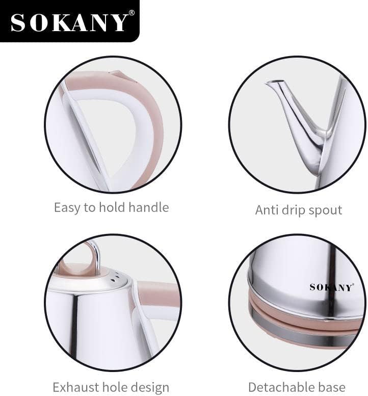 SOKANY 1100W Chaleira Elétrica Chaleira de Água Quente, Caldeira de Água Quente 1.5L, Vazamento Sem Fio, Fabricante de Chá Portátil Elemento de Aquecimento Rápido. (Aço inoxidável, SK-SH-1083)