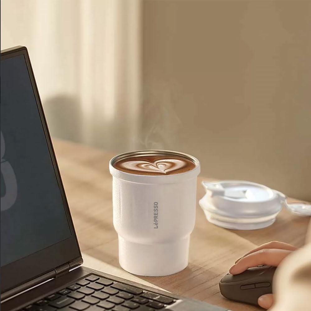 Copo Térmico Lepresso para Bebidas Quentes e Frias, Capacidade de 450ml, 316 Interno & 304 Externo SUS, 8H Manter Aquecido, 10H Manter Frio - Branco
