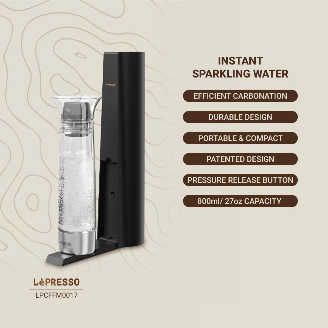 Máquina de Água com Gás Lepresso com Botão de Liberação de Pressão, Carbonatação Eficiente, Portátil & Compacto, Capacidade de 800ML, Design Patenteado, Máquina de Água com Gás, Enchimento de Gás a partir do Botão