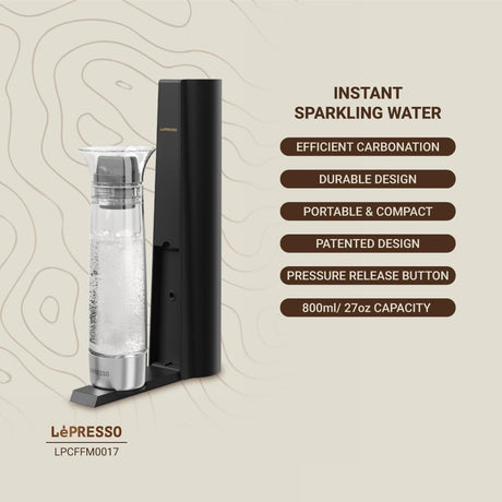 Máquina de Água com Gás Lepresso com Botão de Liberação de Pressão, Carbonatação Eficiente, Portátil & Compacto, Capacidade de 800ML, Design Patenteado, Máquina de Água com Gás, Enchimento de Gás a partir do Botão