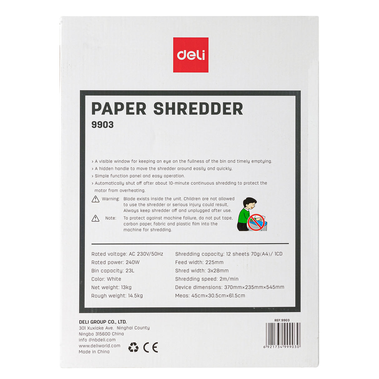 Trituradora de papel  Deli E9903-EU-Triturador (branco)