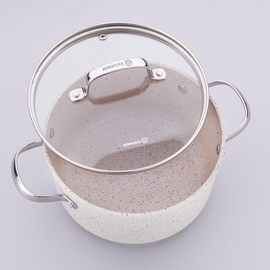 Caçarola de alumínio forjado Korkmaz Granita | Panelas de Base de Indução de Revestimento de Granito | Panela de sopa de alumínio com tampa de vidro 28x14,5cm / 8,0l.