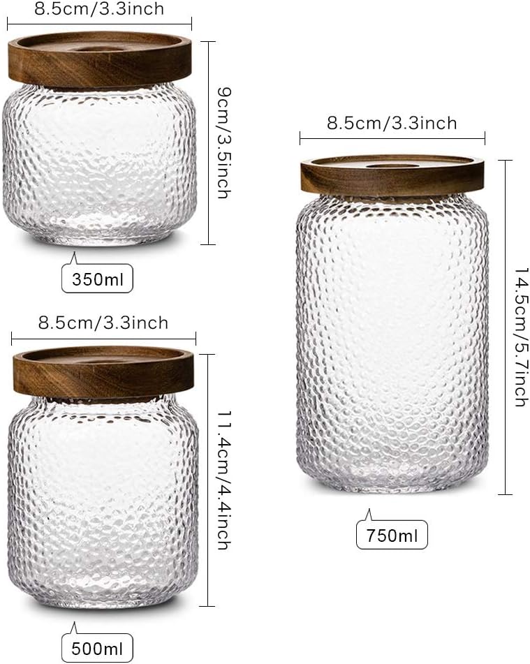 Pote de armazenamento antiderrapante, pacote com 3, com tampa de madeira hermética, recipientes de cozinha de vidro, 350 ml, 500 ml