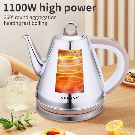SOKANY 1100W Chaleira Elétrica Chaleira de Água Quente, Caldeira de Água Quente 1.5L, Vazamento Sem Fio, Fabricante de Chá Portátil Elemento de Aquecimento Rápido. (Aço inoxidável, SK-SH-1083)