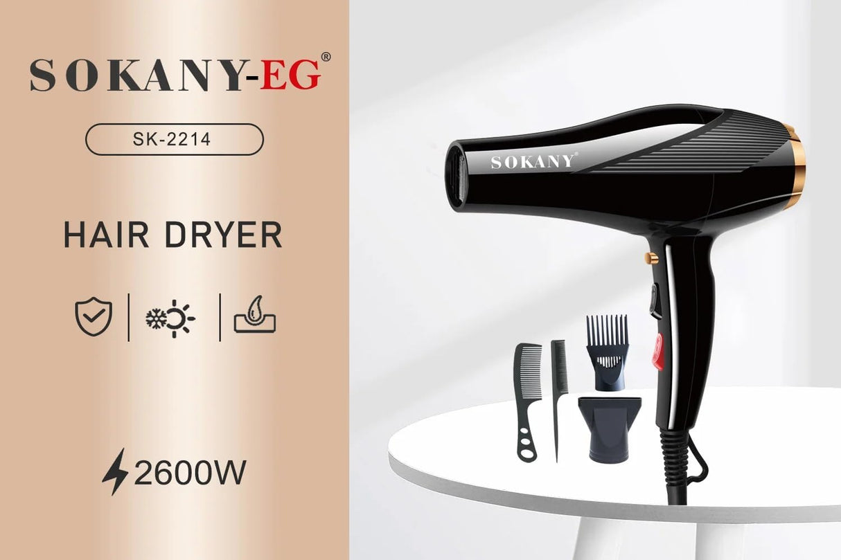 Secador de Cabelo Profissional 4-em-1 Sokany SK-2214 2600W, Preto