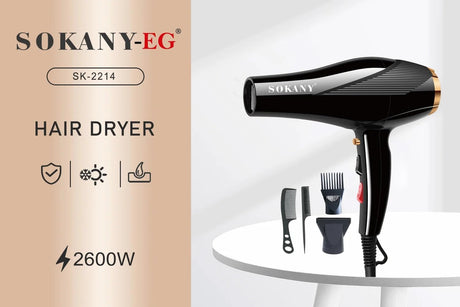 Secador de Cabelo Profissional 4-em-1 Sokany SK-2214 2600W, Preto