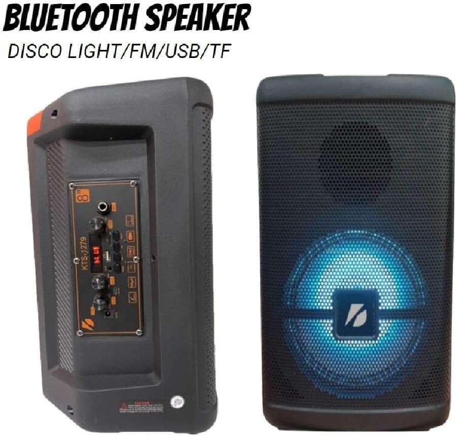 Caixa de Som Bluetooth KTS-1279, 8 Polegadas, com Microfone sem Fio, Karaokê, Luz RGB, Controle Remoto, Preta