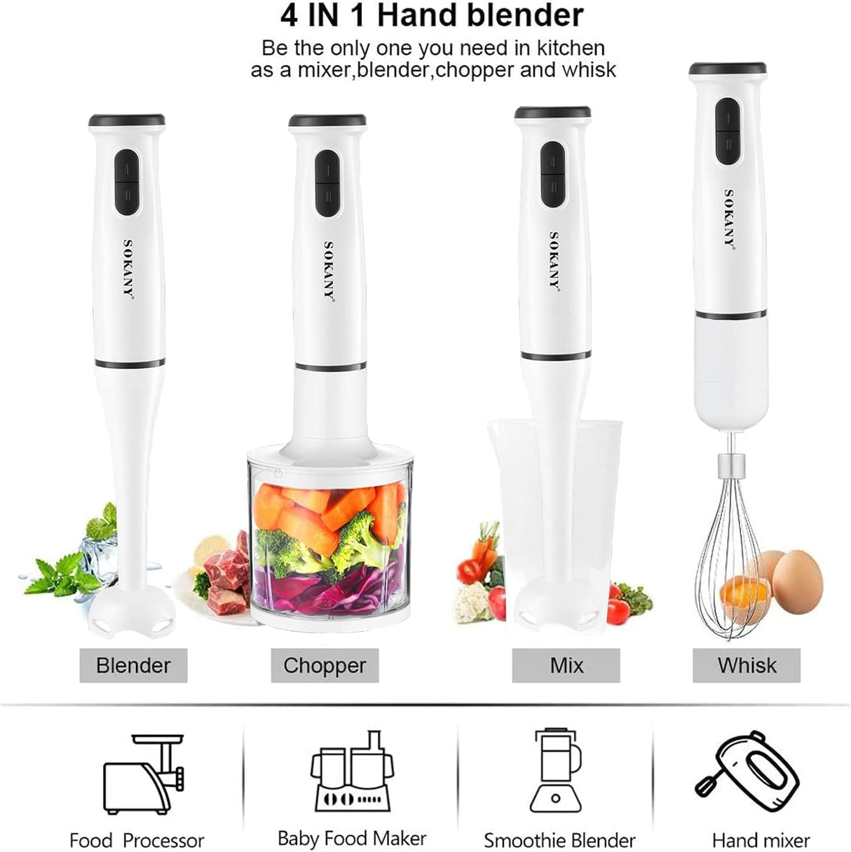 SOKANY Liquidificador de mão, 800 W com 750 ml BPA-livre Beaker, 450 ml Chopper, batedor, velocidade dupla, para Shakes, Smoothies, comida de bebê, sopas & Mais, Branco Varinha mágica 600W