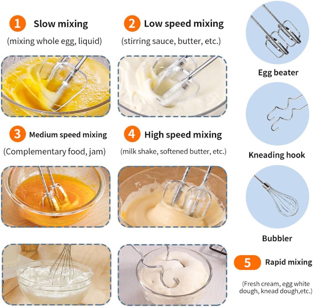 Batedeira de mão de aço inoxidável SOKANY 800W, 5 velocidades com botão de saída, batedor de mão com 2 ganchos de massa e 2 batedores (SK-02001 3 em 1 800W)