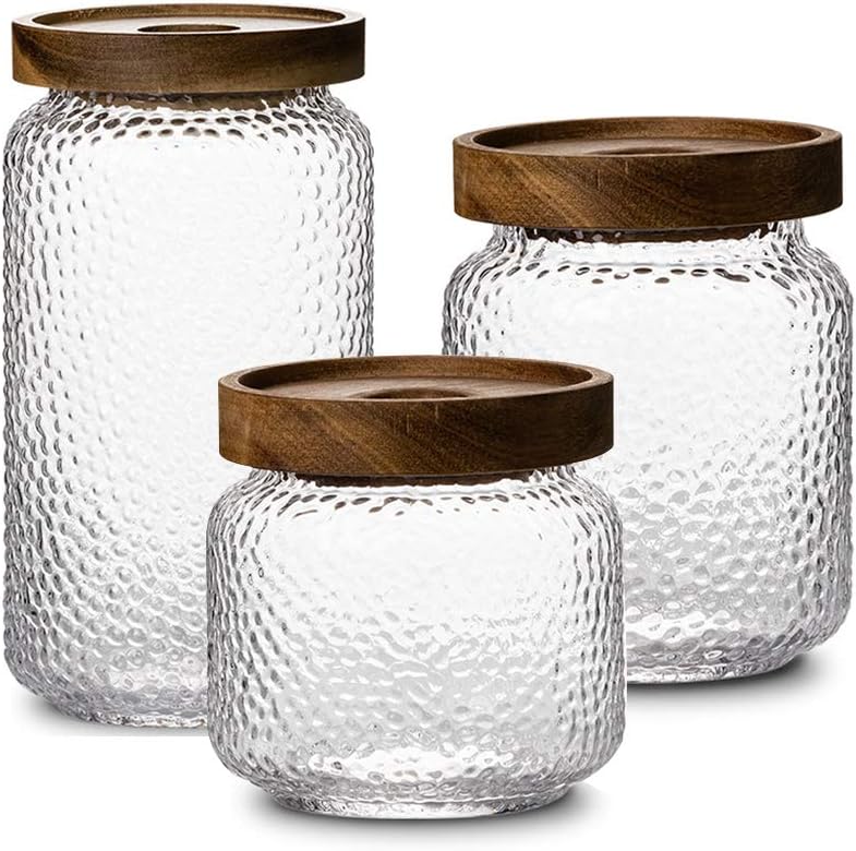 Pote de armazenamento antiderrapante, pacote com 3, com tampa de madeira hermética, recipientes de cozinha de vidro, 350 ml, 500 ml