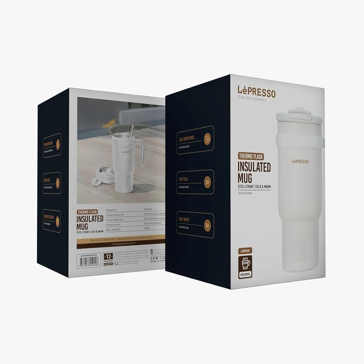 Caneca de Café LePresso com Canudo de Inox 900ml - Branco