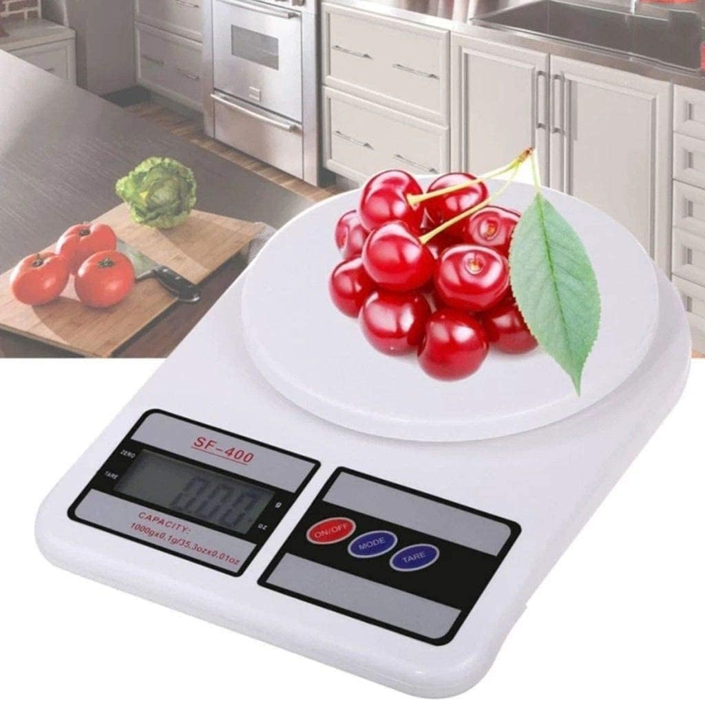 Balança de cozinha digital eletrônica multifuncional - opção de tara - visor LCD SF-400 - gramas e onças (10.000 g) para medição exata de ingredientes para cozinhar ou assar (branco/plástico)