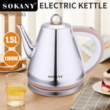 SOKANY 1100W Chaleira Elétrica Chaleira de Água Quente, Caldeira de Água Quente 1.5L, Vazamento Sem Fio, Fabricante de Chá Portátil Elemento de Aquecimento Rápido. (Aço inoxidável, SK-SH-1083)