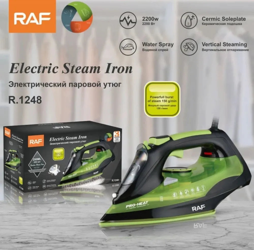 Ferro de engomar elétrico Profissional a vapor  RAF R-1248G, 2200 W, base de cerâmica, verde