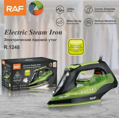Ferro de engomar elétrico Profissional a vapor  RAF R-1248G, 2200 W, base de cerâmica, verde