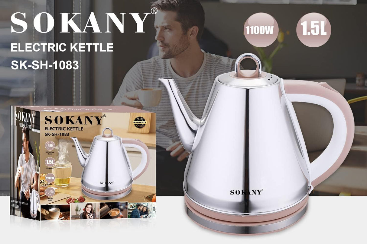 SOKANY 1100W Chaleira Elétrica Chaleira de Água Quente, Caldeira de Água Quente 1.5L, Vazamento Sem Fio, Fabricante de Chá Portátil Elemento de Aquecimento Rápido. (Aço inoxidável, SK-SH-1083)