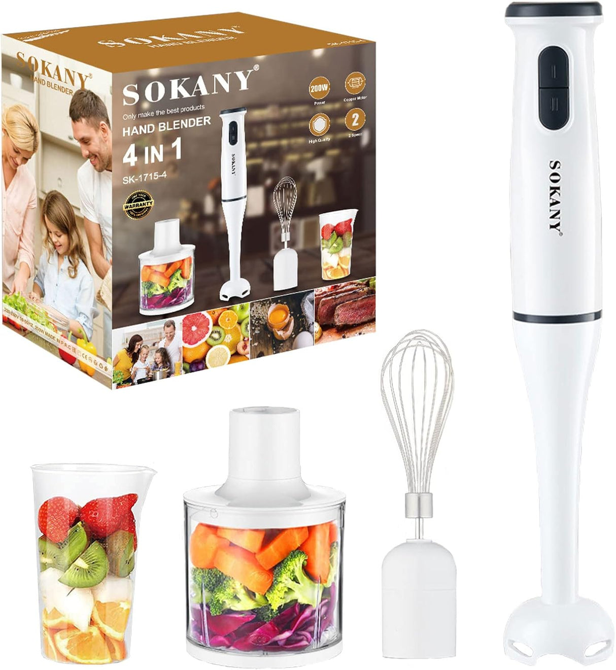 SOKANY Liquidificador de mão, 800 W com 750 ml BPA-livre Beaker, 450 ml Chopper, batedor, velocidade dupla, para Shakes, Smoothies, comida de bebê, sopas & Mais, Branco Varinha mágica 600W