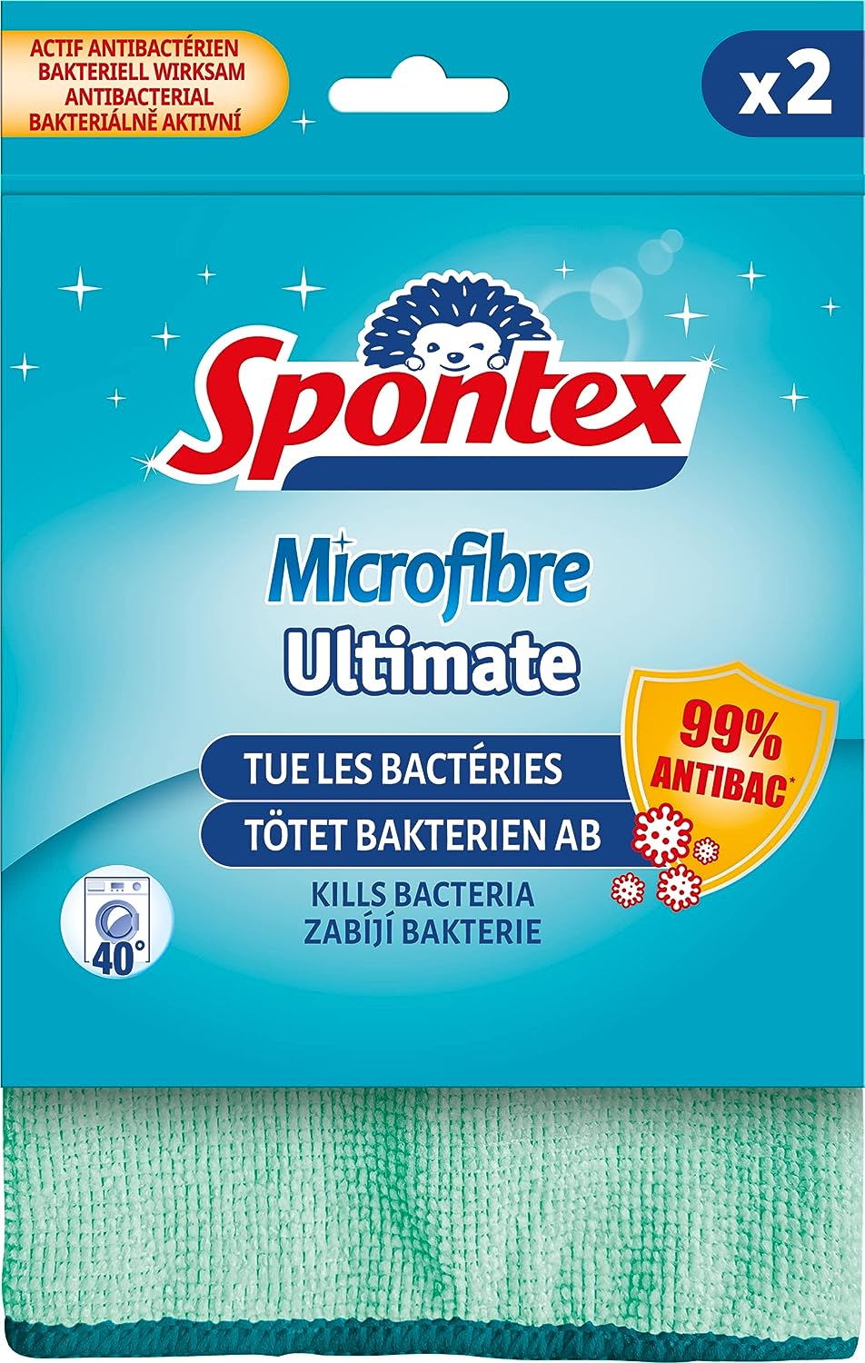 SPONTEX - Microfibra Ultimate - 2 Panos de Limpeza - Elimina 99% das bactérias absorvidas