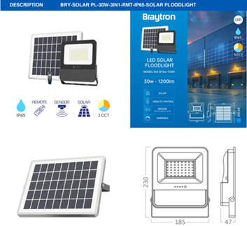 Projetor LED Braytron BRY-SOLAR PL-30W ≈ eq. 100W-3IN1-RMT-IP65-SOLAR FLOODLIGHT