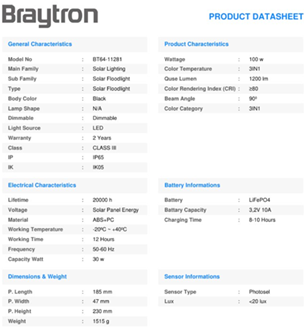 Projetor LED Braytron BRY-SOLAR PL-30W ≈ eq. 100W-3IN1-RMT-IP65-SOLAR FLOODLIGHT