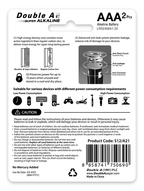 Pilha Double A Super Alkaline AAA-S12-A21