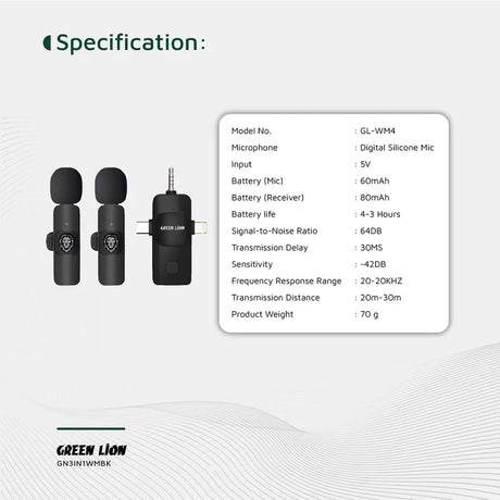 Microfone Green Lion 3 EM 1 Tipo-C / Lightning / Aux - Preto