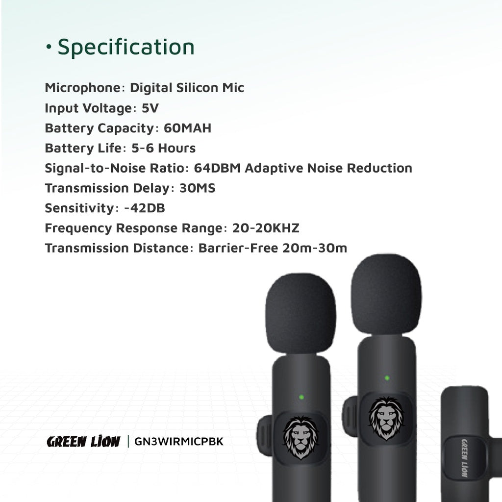 Green Lion Solo Microfone Sem Fio 3 Plugues 60mAh - Preto