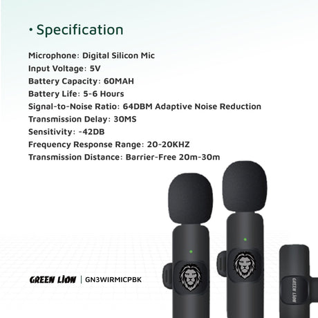 Green Lion Solo Microfone Sem Fio 3 Plugues 60mAh - Preto