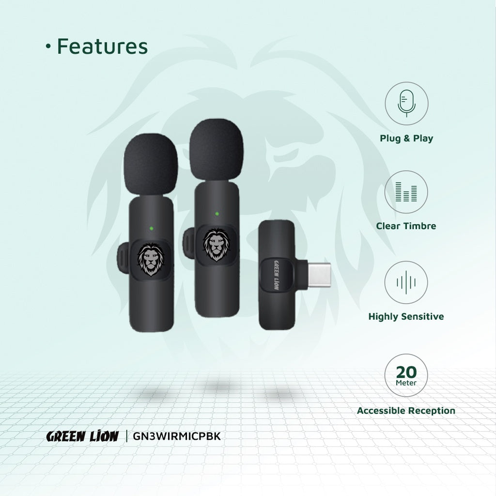 Green Lion Solo Microfone Sem Fio 3 Plugues 60mAh - Preto