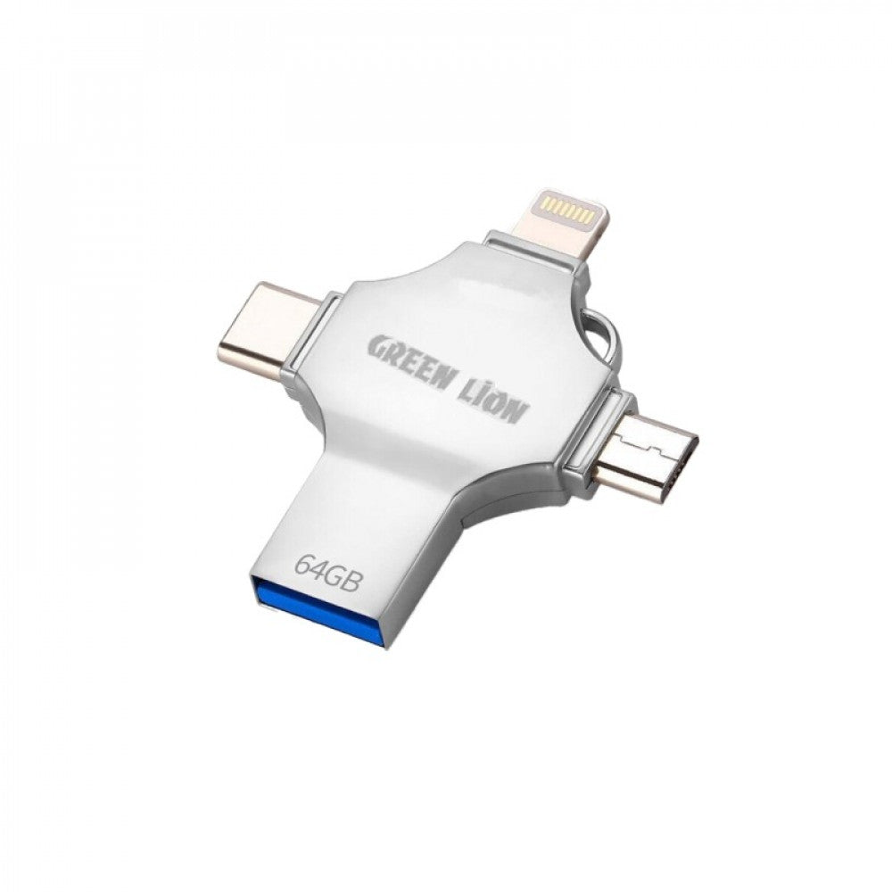 PEN-DRIVE GREEN LION 4-EM-1 USB FLASH DRIVE 64GB - PRATA