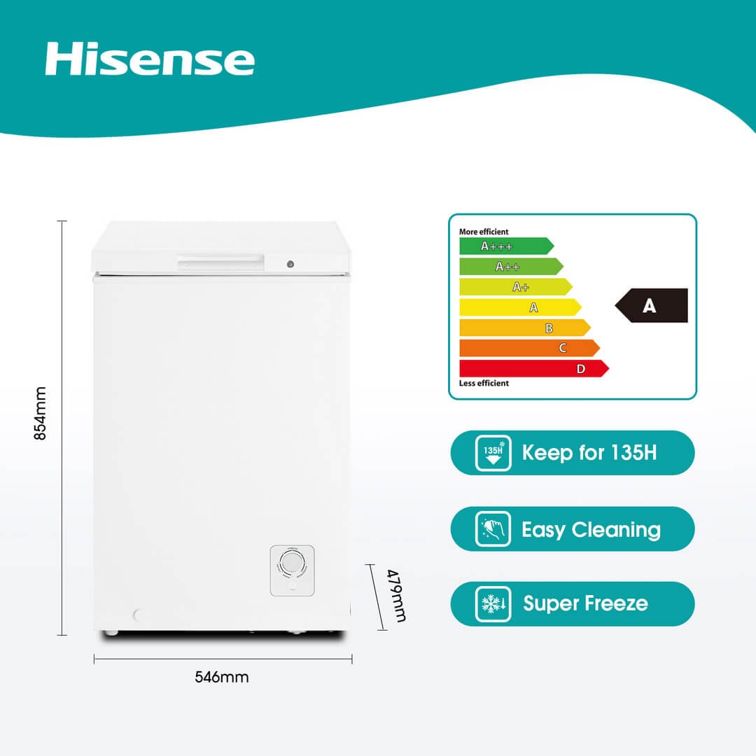 Arca Congeladora Hisense 95L – Compacta, Controlo de Temperatura, Ideal para uso doméstico – Modelo
