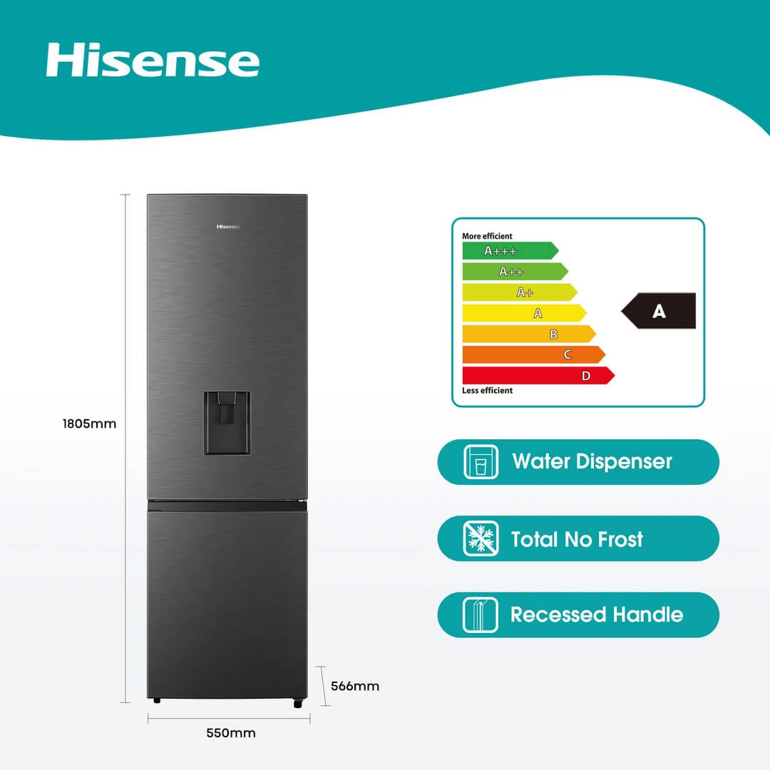 Frigorífico Combinado Hisense 263L Inox – Dispensador de Água, No Frost, Silencioso – Modelo H370BIT-WD