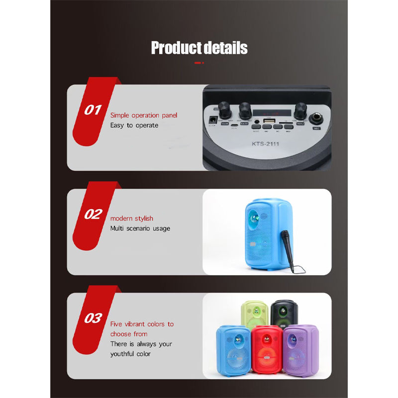 Coluna Vermelha KTS-2111  Bluetooth Alto-falante com Microfone sobre Rodas 2400mah ao ar livre portátil RGB Led de 8 polegadas sem fio