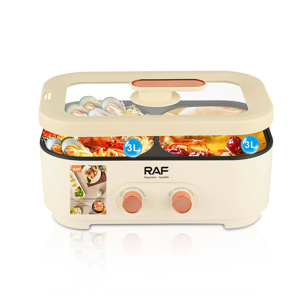 RAF Multi Função Panela Elétrica Com Dual 1000W Poder Duplo Sabor Hot Pot 6L Capacidade Uniforme de Calor e Fácil de Limpar