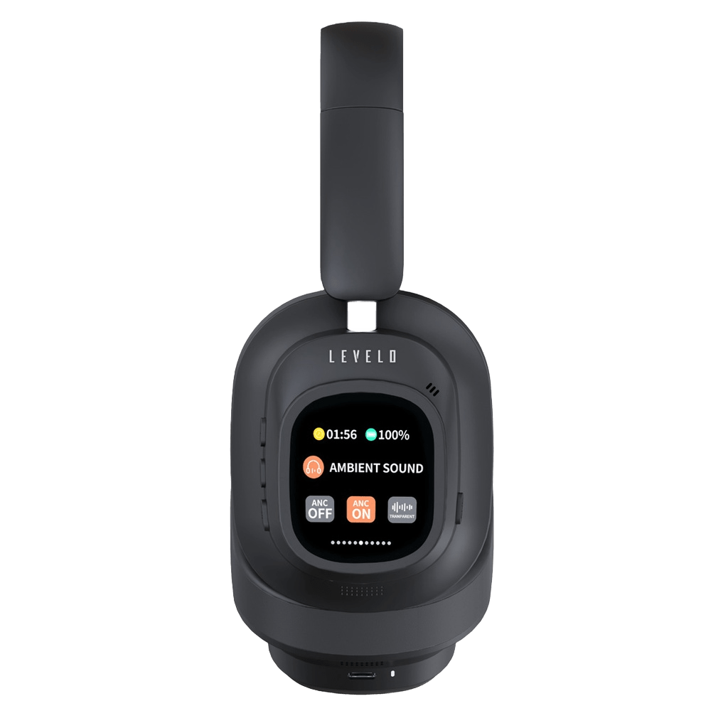 Fone de ouvido ANC híbrido sem fio Levelo VibeMaster com cabo AUX de 1,2 m, 2 horas de carregamento, bateria de íon de lítio de 600mAh, microfones duplos com detecção de ruído, couro de proteína ultramacio