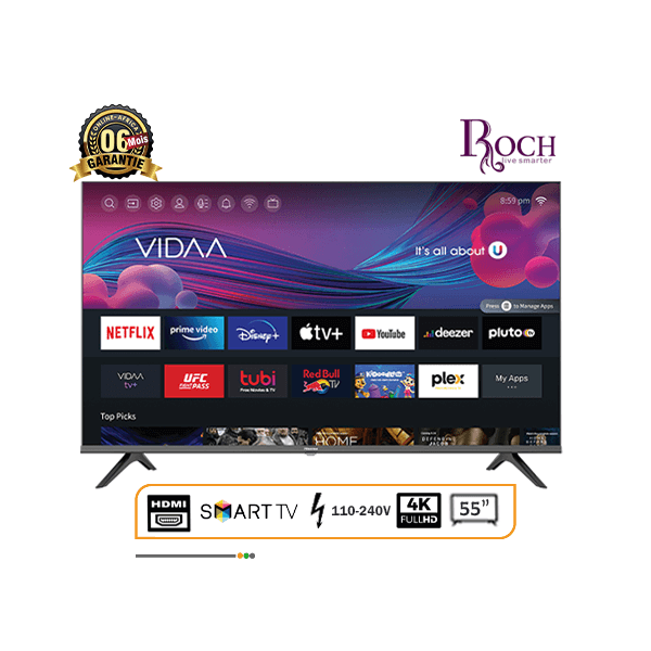 Smart TV ROCH VIDAA de 55 polegadas – Suporte + cabo HDMI