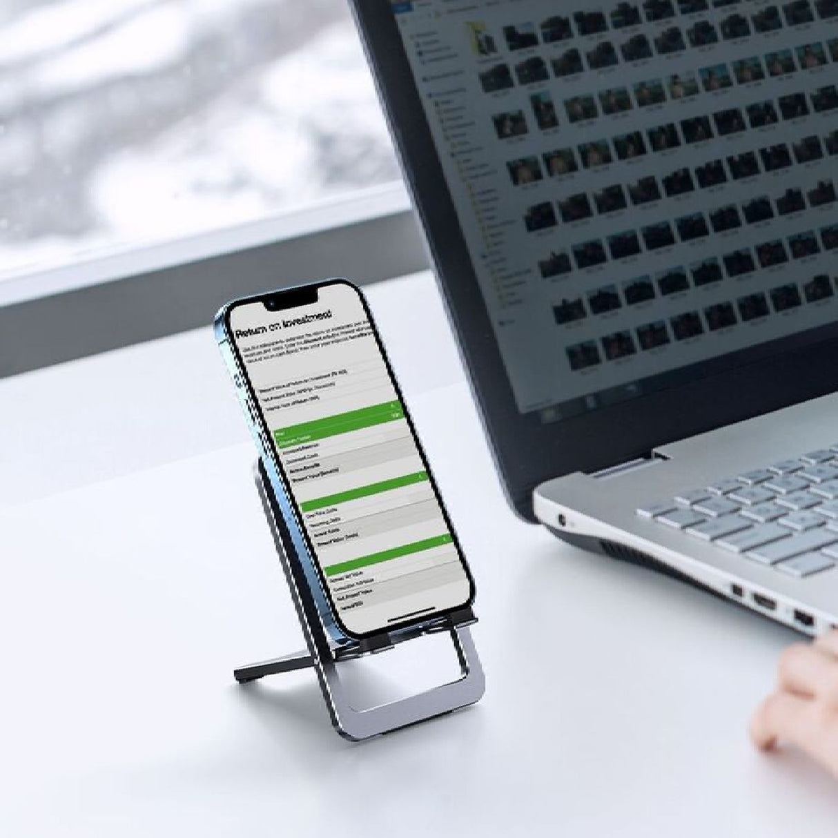 Suporte de Telefone Dobrável de Alumínio e Silicone Levelo Airlift, Design Fino e Leve, Material Forte e Durável - Cinza