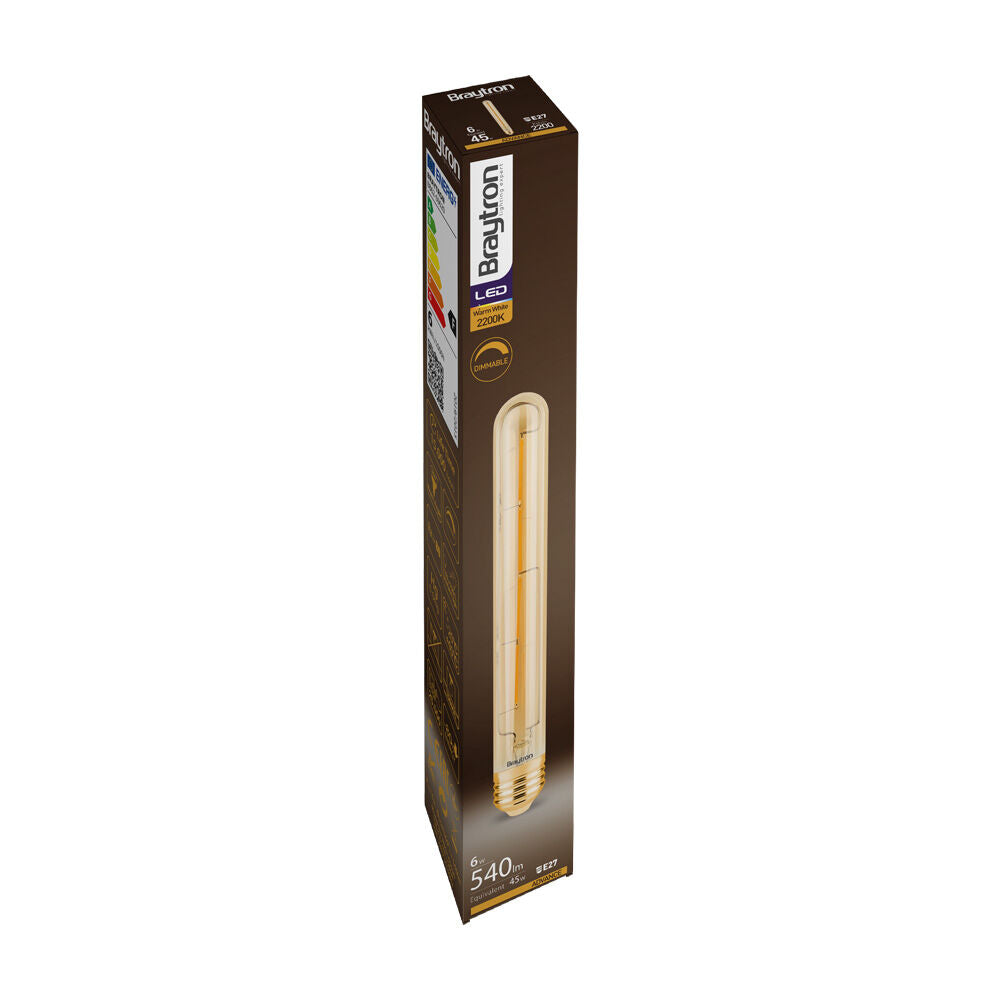 Lâmpada LED Filamento Tubular T30 6W E27 2200K Âmbar Braytron – Design Clássico para Decoração Retrô